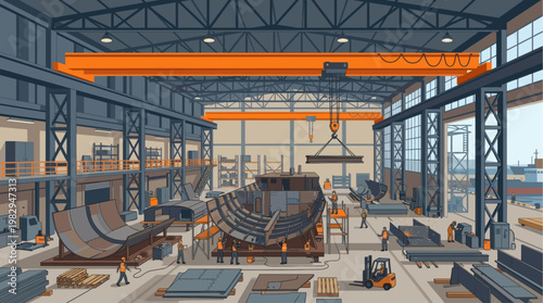 Workers in a large industrial shipyard interior are busy constructing a ship's hull using heavy machinery and metal components under a crane.