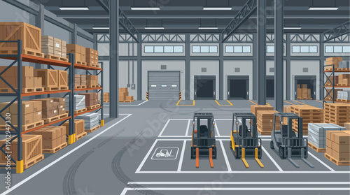 This spacious warehouse interior features tall shelving units stacked with boxes and crates, three forklifts parked in designated spaces, and loading dock doors in the background.