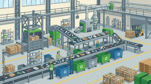 Workers sort and process waste on a conveyor belt in a modern recycling factory with machinery and forklifts.