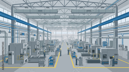 A brightly lit, modern factory interior with rows of advanced machinery and workers in uniform, illustrating manufacturing processes and industrial operations.