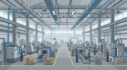 A spacious factory interior showcases automated production lines with workers operating machinery, conveyor belts, and robotic arms in a clean, industrial setting.