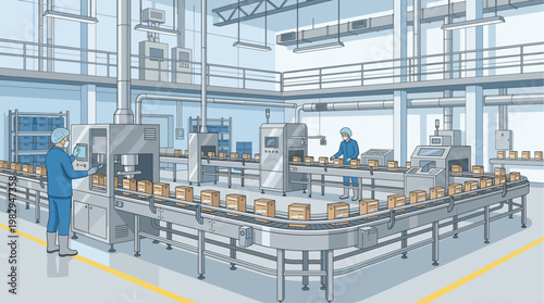 Industrial factory scene with workers in protective gear overseeing a automated conveyor belt system packaging boxes in a clean manufacturing facility with blue and gray tones.