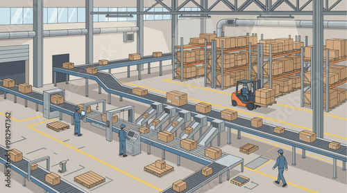 This detailed isometric illustration depicts a busy warehouse interior with automated conveyor belts, workers, and a forklift efficiently moving boxes.