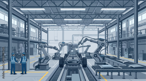 An industrial factory scene with robotic arms welding a car chassis on a conveyor belt, overseen by two engineers in a modern manufacturing environment.