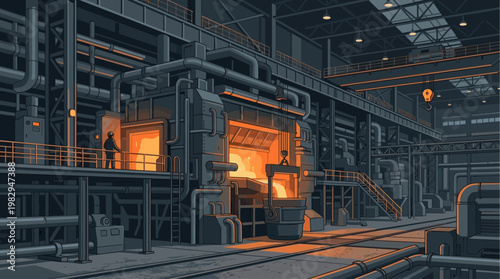 A stylized illustration of a bustling factory interior with a glowing furnace, molten metal, and a worker overseeing the process, conveying industry and production.