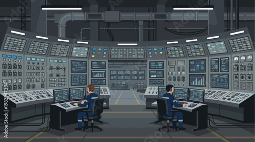 Two male engineers in uniform monitor complex control panels with multiple screens and gauges in a dim, industrial control room setting, suggesting teamwork and technical operation.