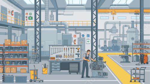 A male factory worker in overalls repairs a complex industrial machine in a well-organized, modern workshop environment with tools and equipment visible.