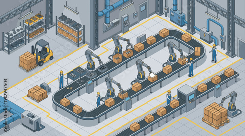 Isometric view of a busy factory assembly line featuring robotic arms packing boxes, workers overseeing operations, and a forklift moving goods, symbolizing industry and automation.