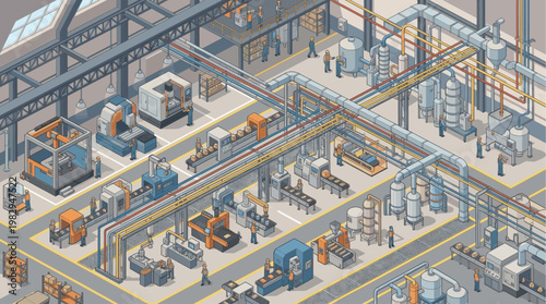 A detailed isometric illustration of a busy manufacturing factory floor with workers operating automated machinery and conveyor belts, showcasing production processes and industrial infrastructure.