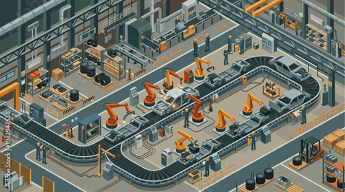An isometric view of a modern car manufacturing plant with robots and workers on the assembly line, showcasing automated production.