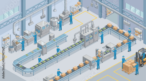 Isometric illustration of a food processing plant interior, showing workers on assembly lines with machinery, conveyor belts, and packaging processes, depicting modern industrial production.