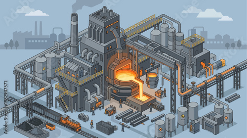 A detailed isometric illustration of a bustling factory with molten metal being poured, workers, trains, and complex machinery under a cool blue sky.