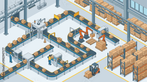 Isometric view of a modern factory production line featuring automated robotic arms, conveyor belts carrying boxes, and a forklift in a warehouse setting.