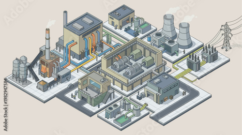 An isometric illustration of a modern industrial power plant facility with intricate details of pipes, cooling towers, turbines, and electrical infrastructure, depicting energy production.