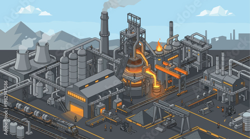 Isometric view of a busy steel factory with a blast furnace, conveyor belts, and a train, depicting industrial production.