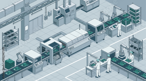 Isometric view of a modern electronics manufacturing facility with automated machinery, robots, and workers assembling printed circuit boards on a conveyor belt.