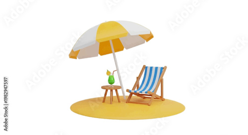 Vector illustration of 3d render of a beach umbrella, lounge chair, and a cocktail on a sandy base on a transparent background
