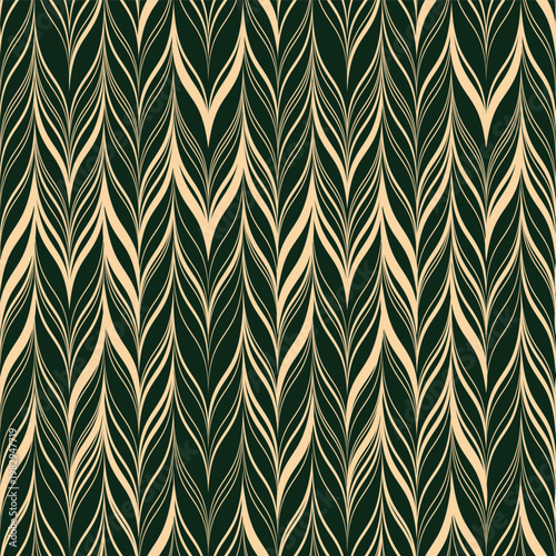 Luxury Emerald Green Art Deco Feather Seamless Pattern with Elegant Fluid Lines for Premium Interior Wallpaper and Silk Textile Design