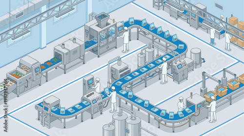 Isometric view of a clean food processing factory with automated conveyor belts, workers in uniform overseeing production, and packaged goods being boxed for shipment.