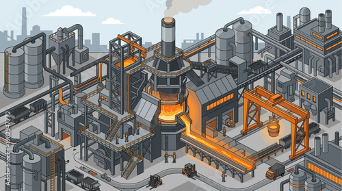 Isometric view of a busy steel mill with molten metal flowing and workers operating machinery, conveying industrial production and manufacturing.