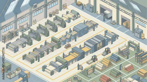 An isometric view of a busy textile factory floor, showing workers operating machinery and moving rolls of fabric.