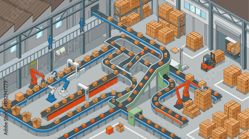 An isometric view of a bustling warehouse where boxes move along conveyor belts, with robotic arms and a forklift assisting in logistics and sorting.