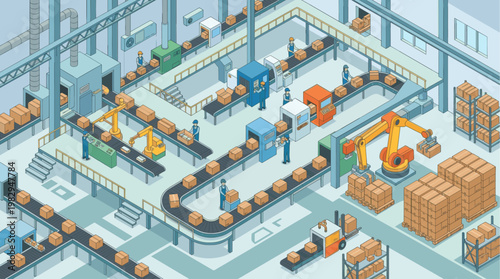 Isometric view of a modern factory with conveyor belts, robotic arms, and workers processing cardboard boxes, illustrating automation and logistics.