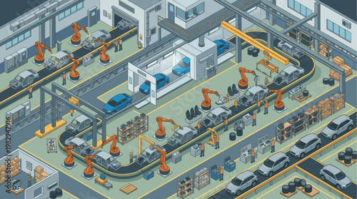 An isometric view of a bustling car factory assembly line where robotic arms and human workers collaborate to build automobiles, showcasing modern manufacturing.