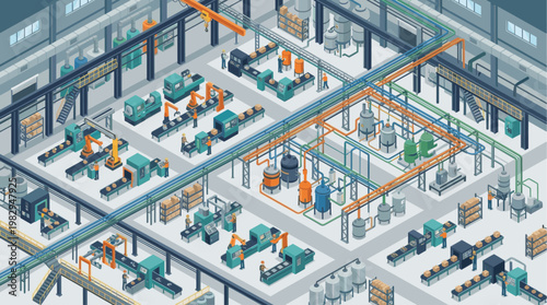 Isometric view of a modern factory with automated assembly lines, robotic arms, workers, and industrial equipment, showcasing efficient production.