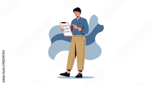 Man checking checklist on clipboard, business planning, task management, survey, workflow
