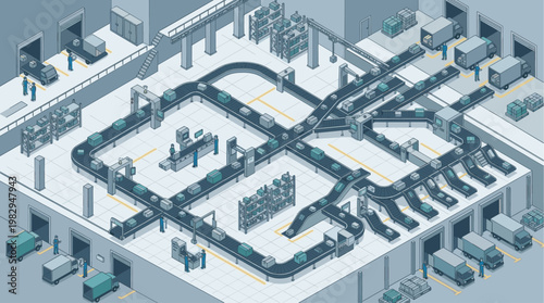 Isometric illustration of a busy warehouse interior with multiple conveyor belts, workers, trucks, and packages being sorted and loaded for distribution.