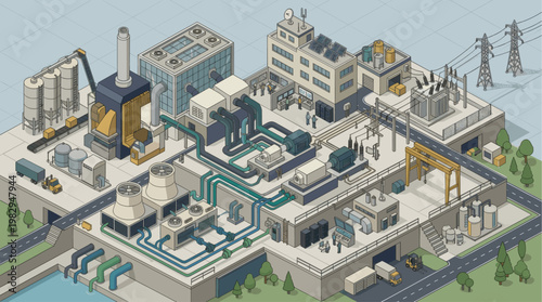 An isometric illustration of a modern industrial complex featuring a power plant with cooling towers, pipes, machinery, control rooms, and solar panels.