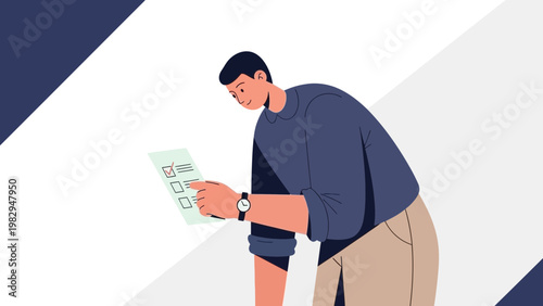 Man checking checklist, task completion, planning, decision making, modern flat illustration