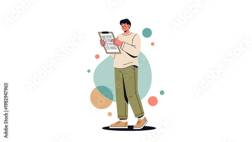 Man checking checklist on clipboard, task management, planning, organization, modern illustration