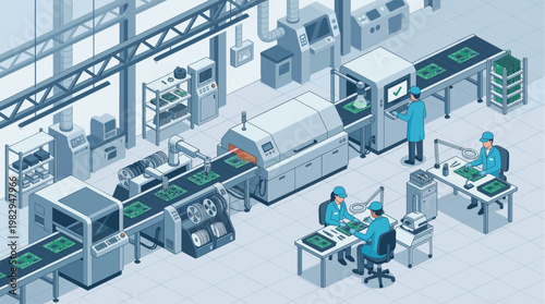 Isometric view of a high-tech electronic assembly line where workers inspect and assemble printed circuit boards amidst complex machinery and conveyor belts.