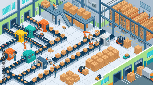 Isometric view of a busy modern factory interior with automated conveyor belts, robotic arms, forklifts, and stacks of cardboard boxes, depicting logistics and production.