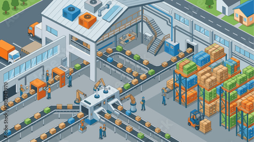 An isometric view of a busy warehouse interior featuring conveyor belts, robotic arms, workers, forklifts, and stacked boxes, illustrating logistics and supply chain operations.