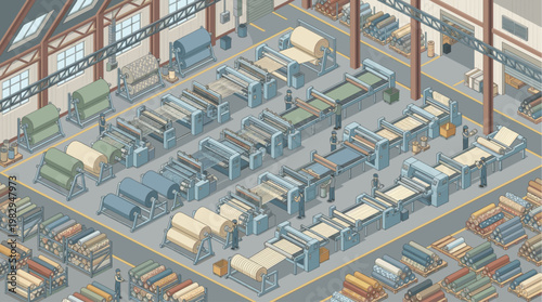 Isometric view of a textile factory with workers operating looms and machines on a production line, with rolls of fabric stored neatly.