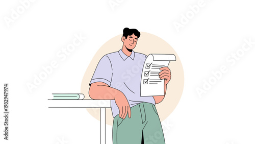 Man checking off tasks on a checklist, modern flat illustration
