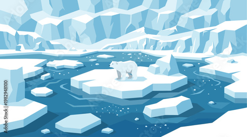 Stylized vector illustration of a solitary polar bear standing on a white ice floe in a vast, blue Arctic ocean surrounded by ice and snow.