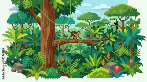 A lively cartoon illustration depicts a monkey swinging on a branch in a vibrant, dense rainforest filled with lush green foliage and colorful tropical birds.