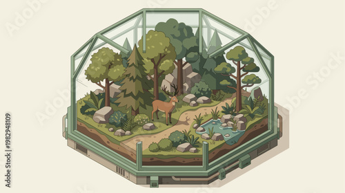 A charming isometric illustration depicts a miniature forest ecosystem contained within a geodesic greenhouse, featuring a graceful deer beside a serene pond.