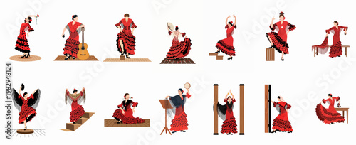 Collection of Thirteen Flat Vector Illustrations of Traditional Spanish Flamenco Dancers in Red and Black Polka-Dot Dresses on White Background