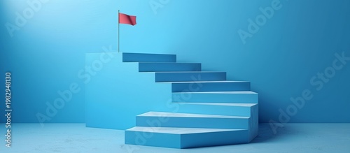 Blue Staircase Leading to Success with Red Flag