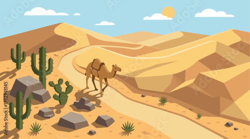 A lone camel walks along a sandy path through rolling desert dunes under a bright sun and clear blue sky.