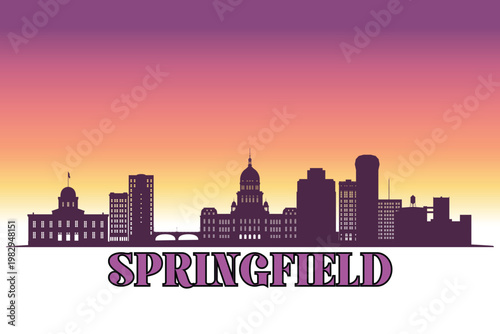 Global city Springfield, Illinois shown in a detailed vector skyline with a twilight sky