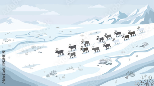 A herd of reindeer travels across a vast, snow-covered arctic plain with majestic mountains in the background.