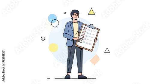 Man holding checklist, completing tasks, business success, planning, and organization concept