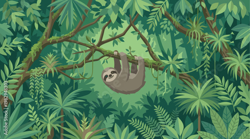 A cute sloth hangs on a tree branch in a lush, green jungle filled with tropical plants and vines, creating a peaceful and serene atmosphere.