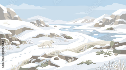 A minimalist illustration depicts a white arctic fox walking in a serene snow-covered landscape with rocky hills and a frozen river.